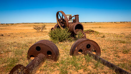 At the Channel Country Byway No3 Bore, the steam engine which drilled the bore, carried here on horseback, was too expensive to relocate, and was abandoned. [1081]