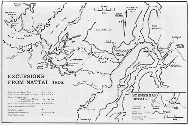 Map showing Barrallier`s failed route across the Blue Mountains. Barrallier`s own map was incomprehensible, at least the version we have seen. Credit: Andy McQueen [1802]