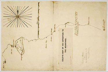 Comtemporary map showing George Caley`s failed attempt to cross the Blue Mounatins, turned around so north is top. [ysMa]