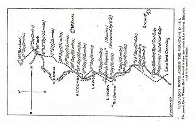 Map of Blaxland's route across the Mountains in 1813, produced by Frank Walker (who was President of Australian Historical Society) from the book Journal of Gregory Blaxland - A Journal of a tour of discovery across the Blue Mountains, New South Wales, in the year 1813 by Gregory Blaxland, with references and explanatory notes, maps, etc by Frank Walker. The 1913 route of the Great Western Highway seems to differ greatly from the present alignment. [1813]