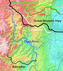 Map showing Blaxland`s successful route compared with the failed routes, the Cox`s River and the present road crossings. [apV2]