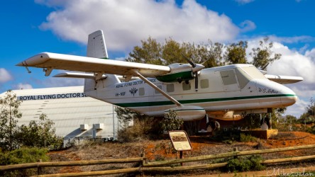 Retired Nomad N22C aircraft at the RFDS base, proven suited to Australia`s rough country airstrips, now painted as VH-MSF, the aircraft used in the TV series 'The Flying Doctors' . [2920]