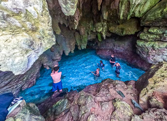 Close to the east coast is the Grotto, a beautiful subterranean pool somehow linked to the ocean. The green colours are chlorophyll-based algae. The pink colours are Crustose Coralline Algae from the sea. [1321]