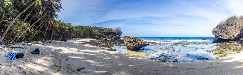 Coconut palms frame Dolly Beach. Those towels have to be guarded from Robber Crabs who know that towels mean food! [9945]