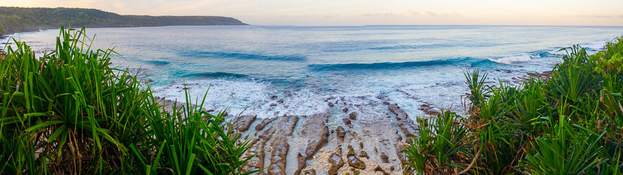 Panoramic view at dawn from our Swell Lodge balcony. No way down to that beach, and no safe swimming there anyway. [9727]