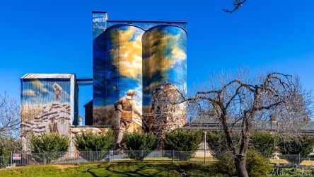 Heesco Khosnaran’s sweeping mural transforms the Murrumburrah silos into a panoramic story of the region — farmers, soldiers, and skies rendered in luminous colour across every curve of the structure, a full wrap celebrating local resilience and history. [5180]