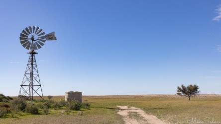 Water pumping windmills adorn the barren lands north of Hay.  The tank saves the precious fluid.[1978]