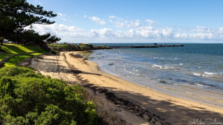 View along Kingscote Beach to the historical wharf on Nepean Bay. [3360]