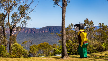Boofhead (a cartoon character by RB Clark) admiring the view of Mount Solitary from the now closed Leuralla Toy and Railway Museum. [5849]