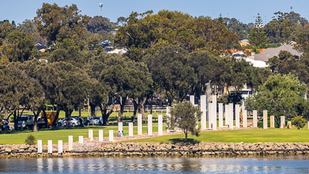 Designed by architects Hames Sharley, this is the 2005 update of Mandurah`s War Memorial. The row of pillars is precisely aligned to east-west and is evocative of grids of gravestones in war cemeteries. The older memorial had to go for a major road realignment. [9594]