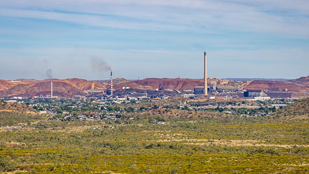 Seen from Telstra Hill, the distinctive three chimneys of the Mt Isa Mines complex. [7134]