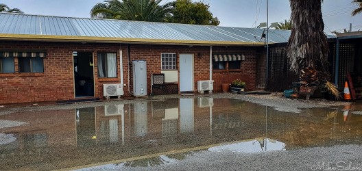 It was pretty damp in our parking spot at Peterborough`s Roundhouse Motel. THis was our refuge from the storm — puddles outside, warmth inside, and a story of effort against decline. [3833]