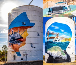 Montage of various views of the multiple murals by Jack Fran and Sam Brooks on these silos in Paringa. They celebrate river life — houseboats, fish, and pioneers painted large against the South Australian sky. [4675]