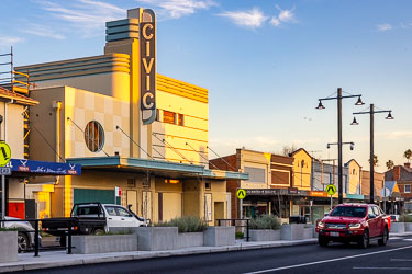 Totally boarded up, the heritage listed 1938 Civic Theatre is a notable Kelly Street building in Scone. A pity the private owner cannot find a good use for this fine building. Apparently, the original dress circle inside is still intact. [5520]