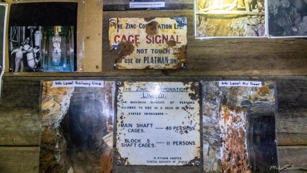 Mining memorabilia and photographs displayed underground at Day Dream, but this mine was not Zinc Corporation! [2983]