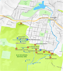 Tourist map of Wentworth Falls shows the lake at top, and a plethora of walks and viewing spots over the Jamieson Valley to the south.