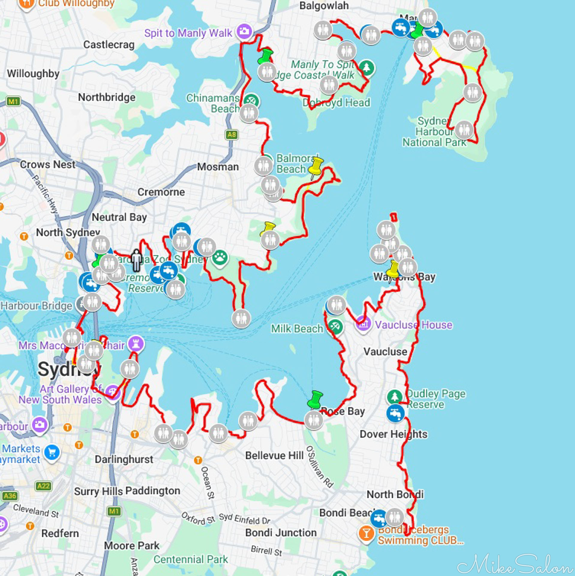 The red line traces the awesome route of the 80km course between two of Sydney's iconic locations, Bondi Beach and Manly Beach, crossing the Sydney Harbour Bridge.