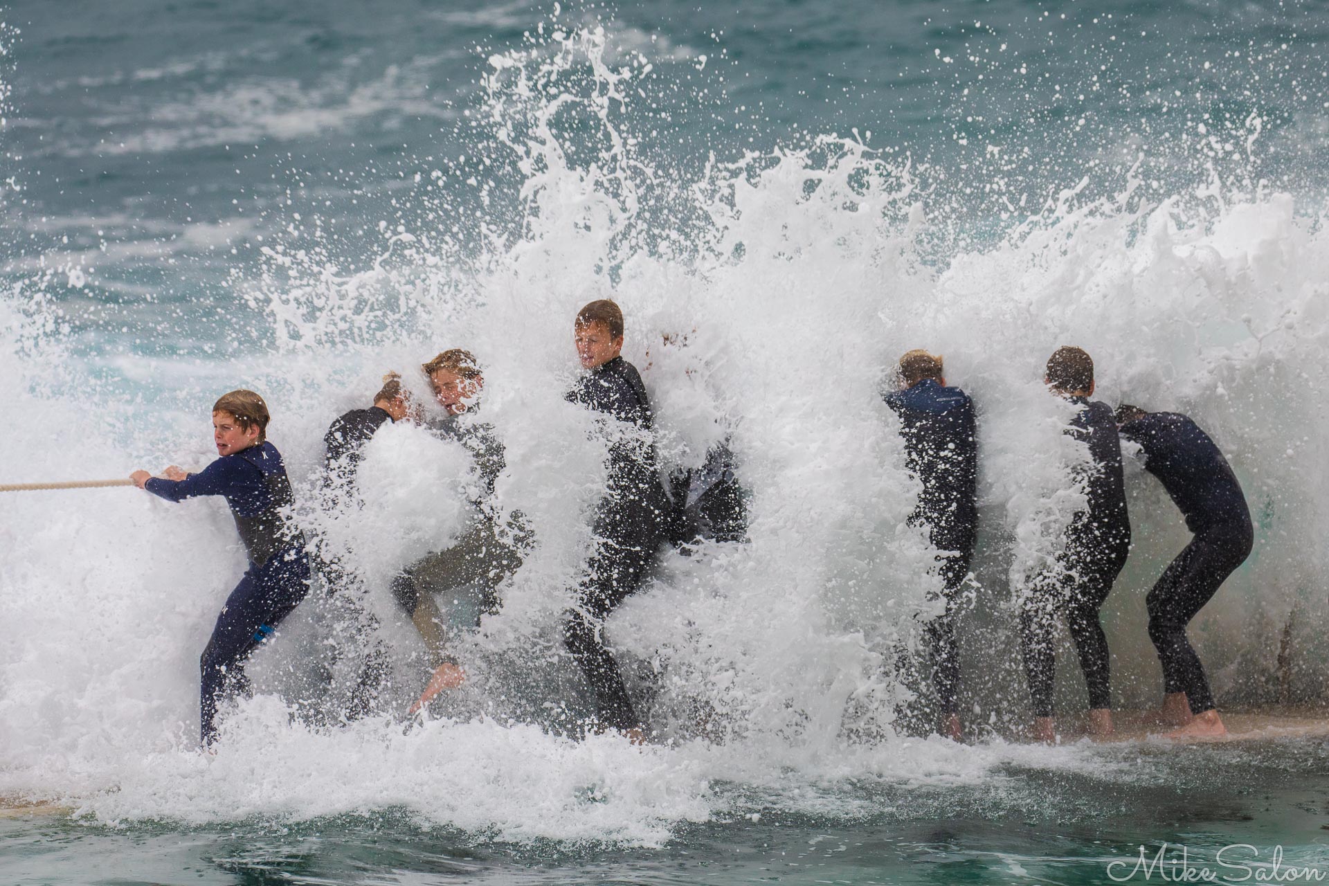 Bronte Boys at the Pool : Mob of youngsters enjoying the surf breaking into Bronte Baths in heavy weather. (0D0A6049.jpg)<br>Camera: Canon EOS 5D Mark IV