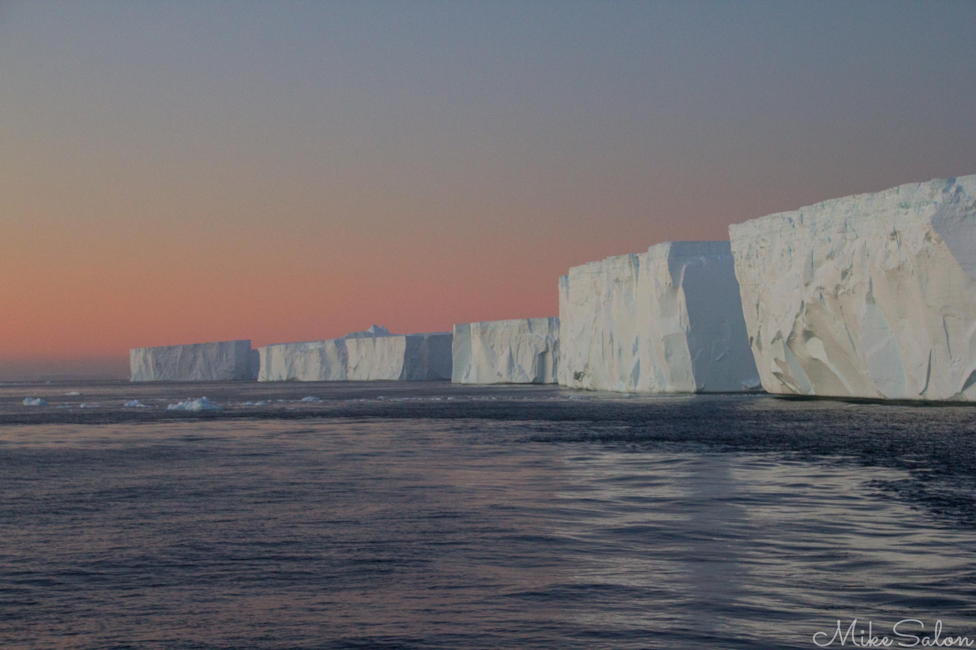Tabular Antarctic Icebergs : Magical sunset view showing tabular icebergs (ice islands) in Antarctic Sound. (IMG_7506-Edit.jpg)<br>Camera: Canon EOS 60D